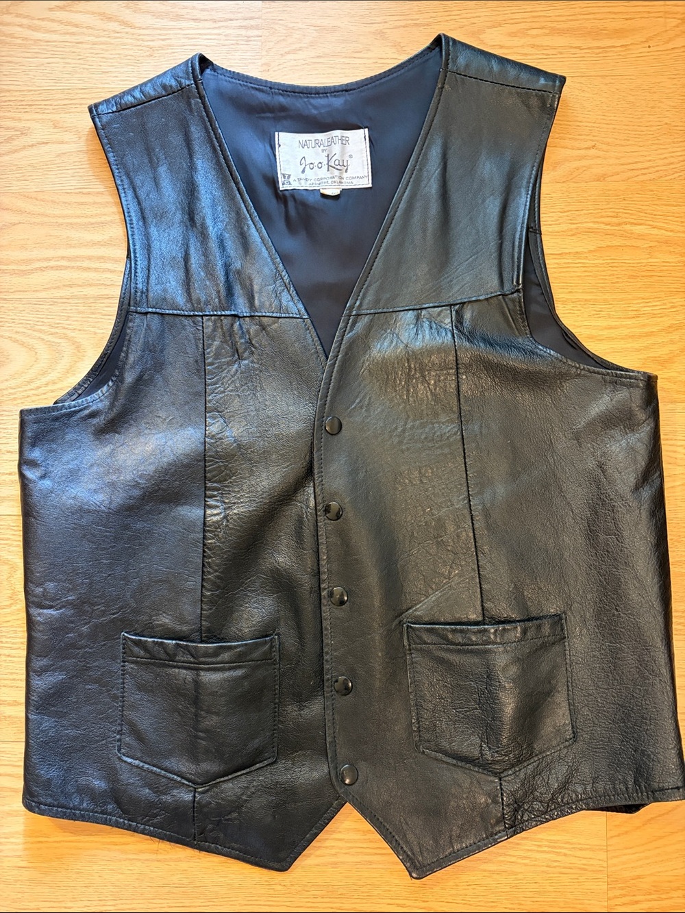 Vintage 70s Joo Kay Natural Leather Vest Black Snap Front. Biker Made in USA 46L